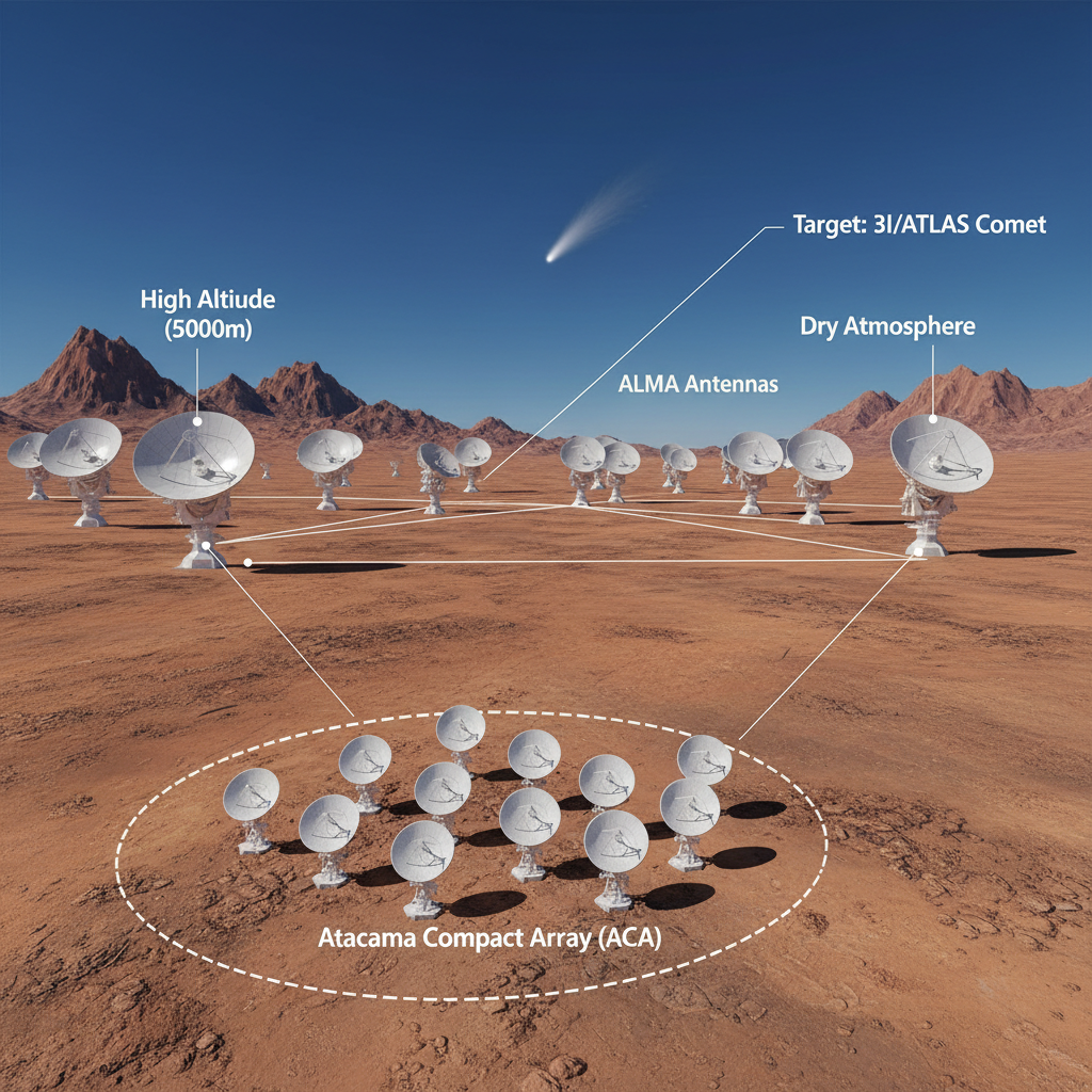 O Observatório ALMA, no deserto do Atacama, Chile, é uma rede de antenas de ponta, crucial para detectar as assinaturas químicas de objetos celestes como o cometa 3I/ATLAS.