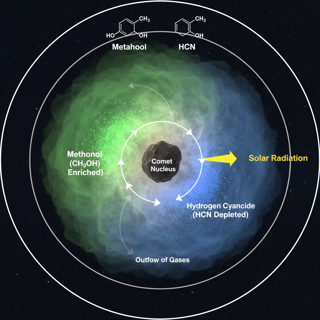 Este infográfico revela a distribuição desigual de metanol (CH3OH) e cianeto de hidrogênio (HCN) na coma do cometa 3I/ATLAS, indicando interações complexas com a radiação solar.