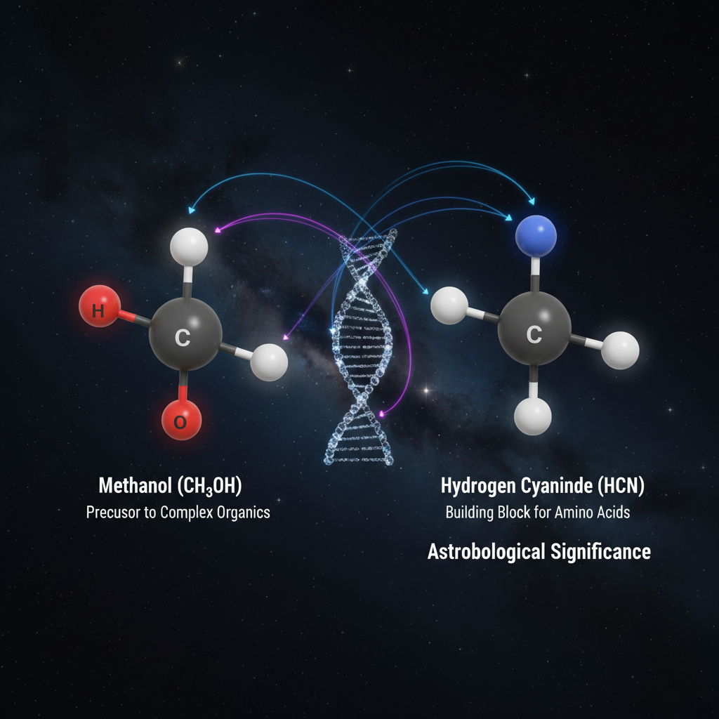 Metanol e cianeto de hidrogênio são moléculas orgânicas cruciais, consideradas blocos construtores essenciais para a química prebiótica e a formação de aminoácidos no universo.