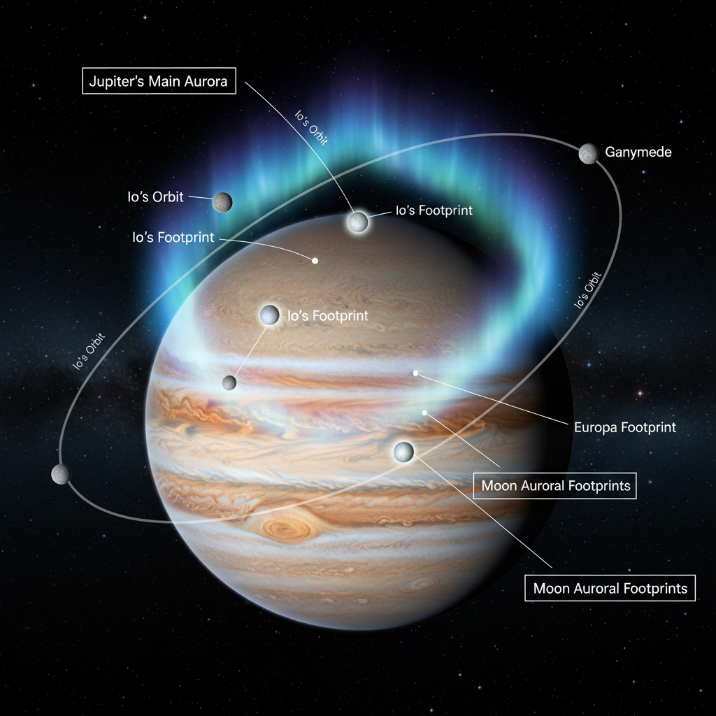 Visualização das auroras polares de Júpiter, destacando as 'pegadas' luminosas criadas pela interação de suas luas galileanas, como Io e Europa, com a magnetosfera do gigante gasoso.