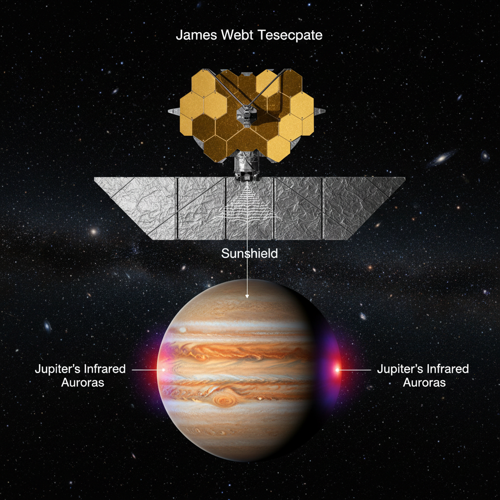 Este infográfico demonstra como o Telescópio Espacial James Webb (JWST) utiliza sua capacidade infravermelha para observar e analisar as complexas auroras de Júpiter, revelando detalhes sem precedentes.