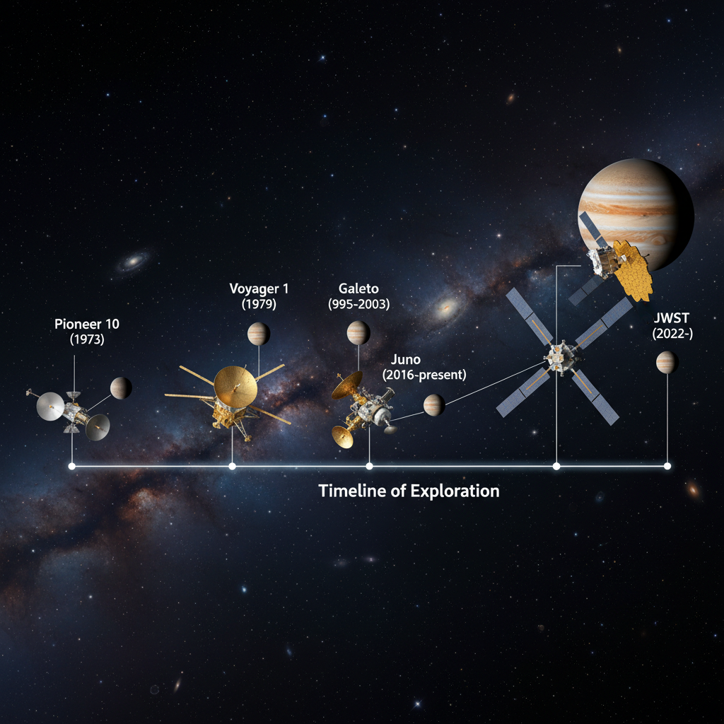 Um infográfico que traça a evolução da exploração de Júpiter, desde as missões pioneiras como Voyager e Galileo até as capacidades avançadas do Juno e do Telescópio Espacial James Webb.