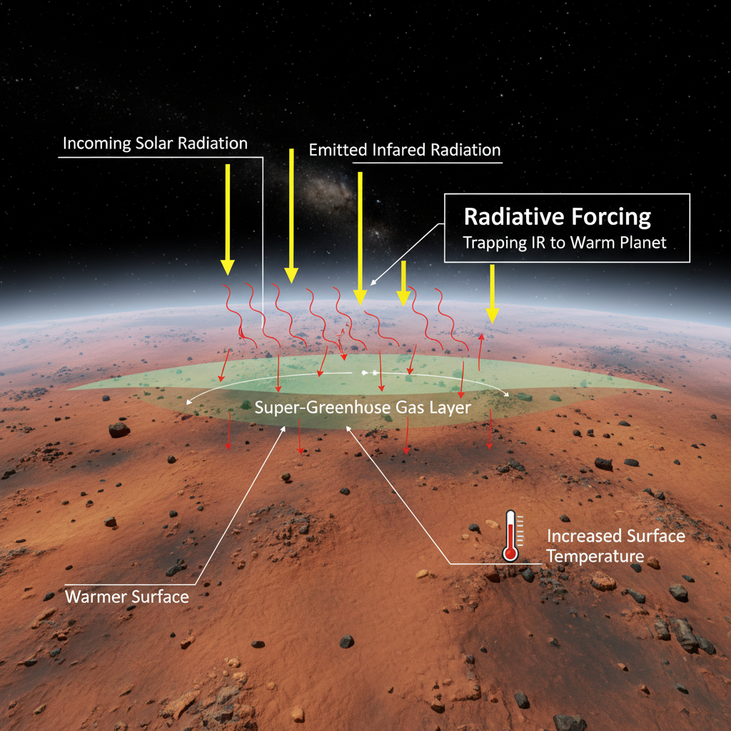 Este infográfico detalha como o balanço radiativo de Marte precisaria ser alterado, com a introdução de gases de efeito estufa para reter o calor e elevar a temperatura da superfície, um passo crucial na terraformação.