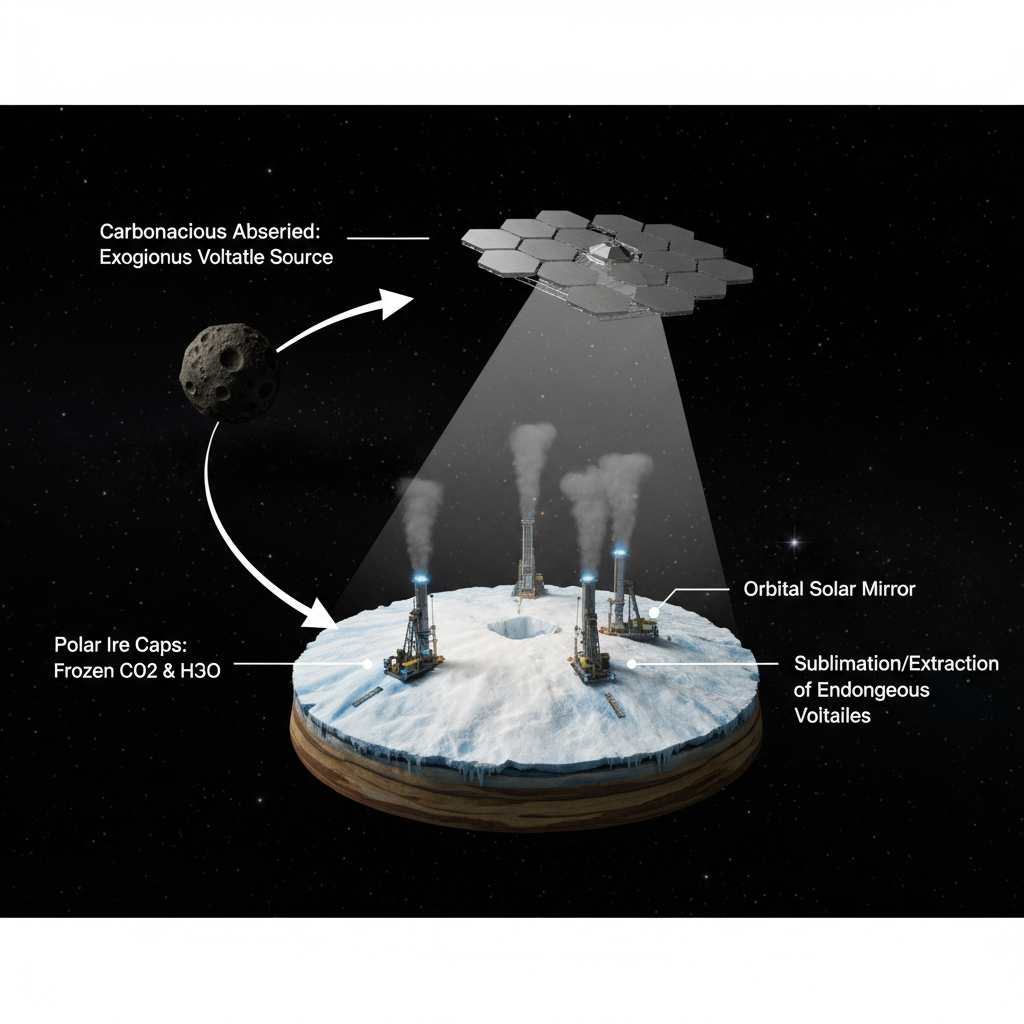 Este infográfico explora as fontes potenciais de voláteis para criar uma atmosfera densa em Marte, incluindo o derretimento das calotas polares e a importação de materiais ricos em carbono de asteroides.