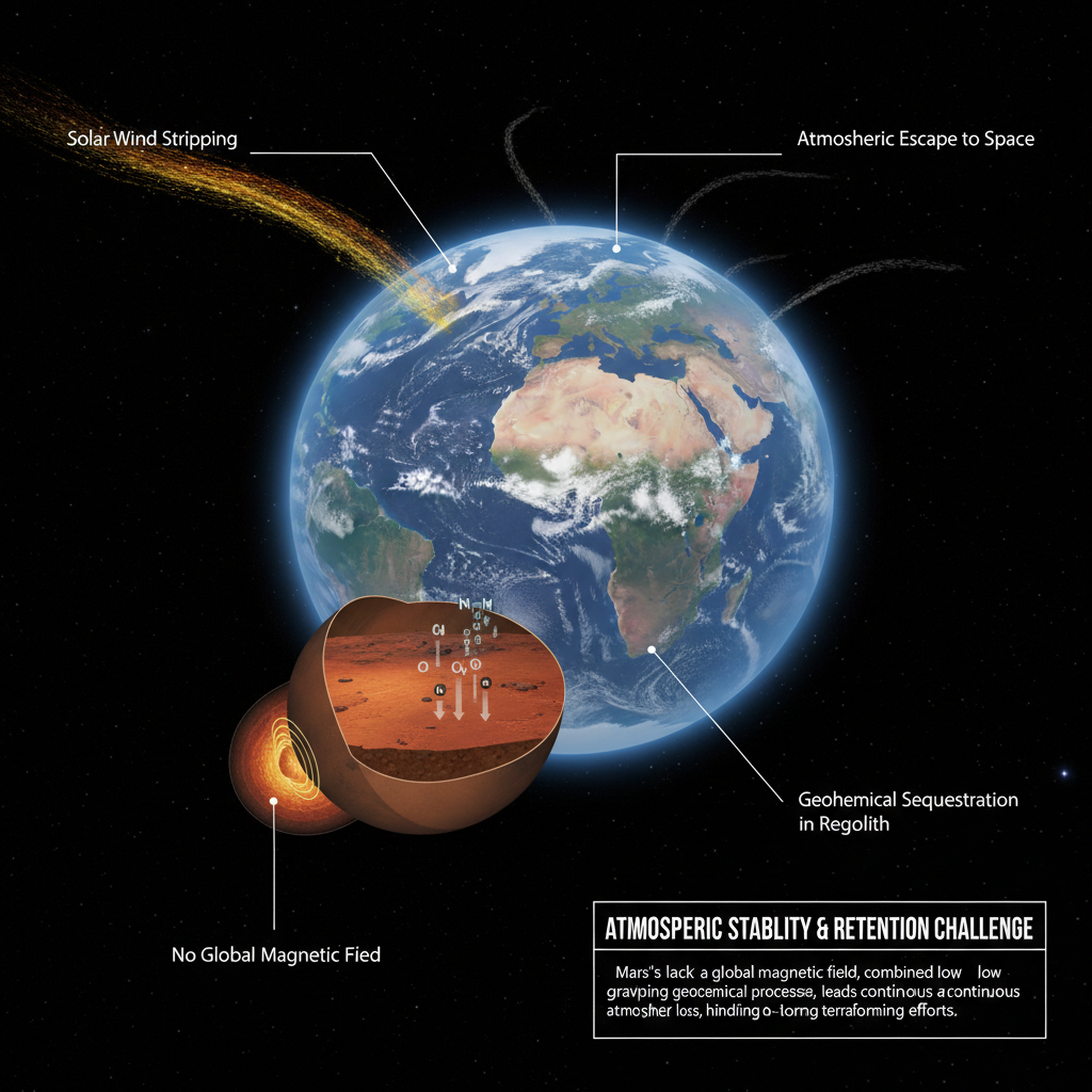 Este infográfico detalha os principais desafios para manter uma atmosfera terraformada em Marte, incluindo a perda para o espaço devido ao vento solar e a ausência de um campo magnético global, e o sequestro geoquímico de gases.