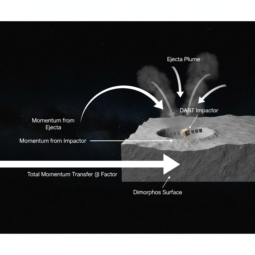 O infográfico detalha o fator de aprimoramento de momento (beta), onde a ejeção de material do asteroide após o impacto da DART amplifica a mudança de trajetória, tornando a defesa planetária mais eficiente.