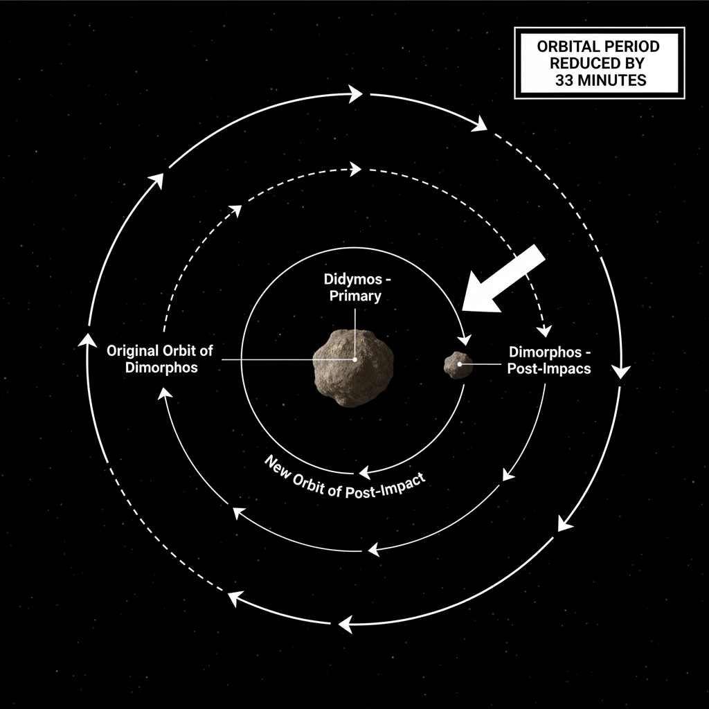 Este diagrama ilustra a alteração orbital de Dimorphos em torno de Didymos, mostrando a redução de 33 minutos no período orbital após o impacto da missão DART, a primeira mudança detectável por ação humana.