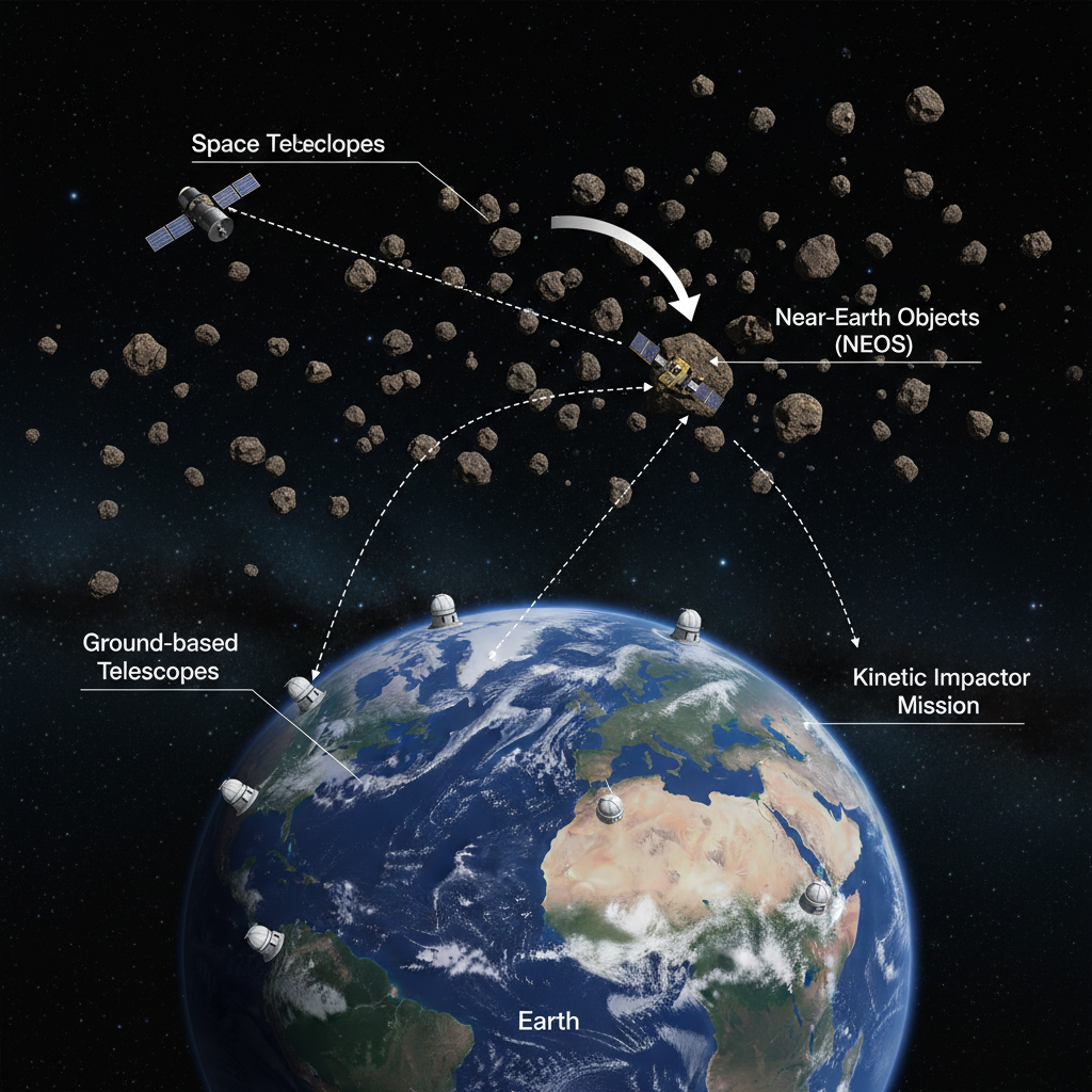 O infográfico destaca o esforço global de defesa planetária, combinando a vigilância de asteroides por telescópios terrestres e espaciais com missões de impacto cinético como a DART para proteger a Terra de ameaças futuras.
