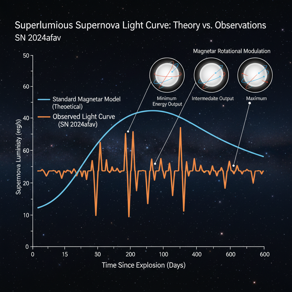 Visualização da curva de luz de uma supernova superluminosa, destacando as modulações observadas que desafiaram modelos anteriores, mas que agora são explicadas pela Relatividade Geral e um magnetar rotativo.