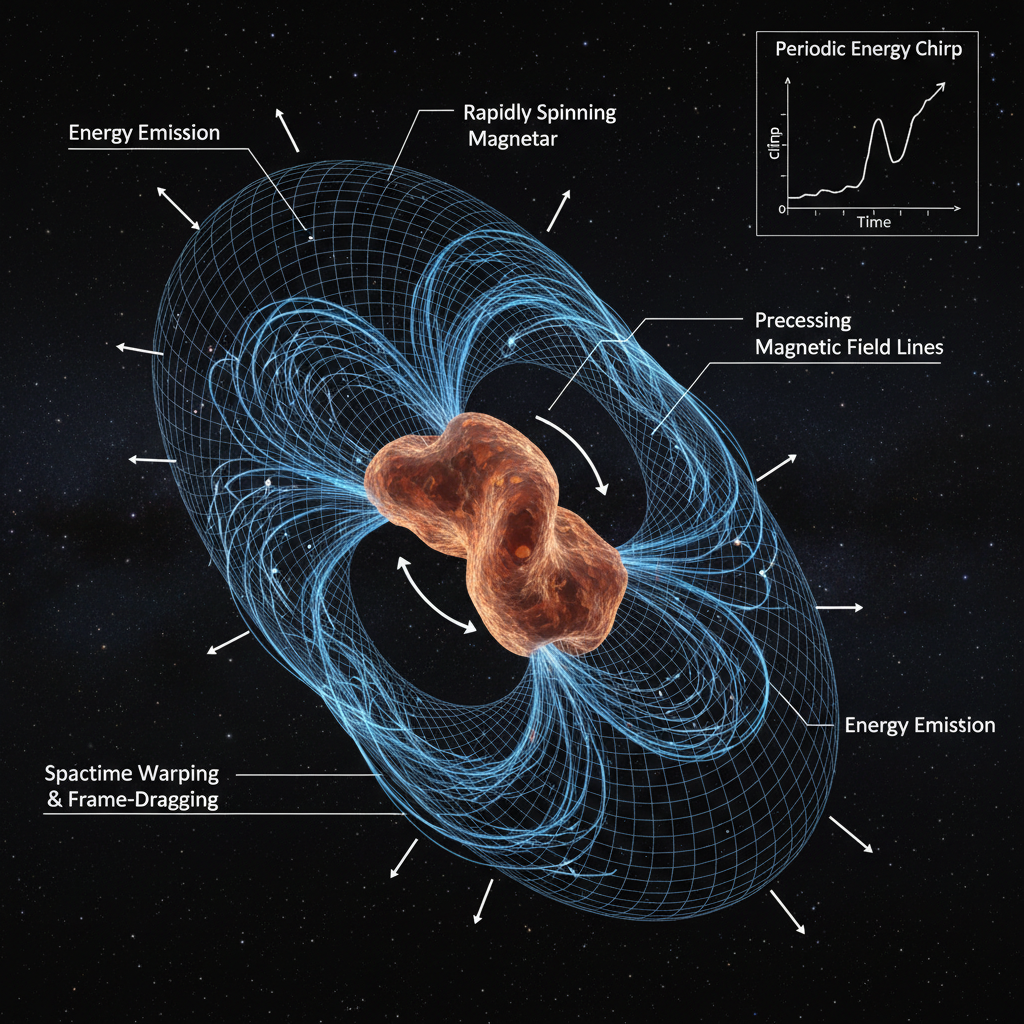 Diagrama conceitual que explica como os efeitos da Relatividade Geral, como o arrasto de referenciais, podem modular a emissão de energia de um magnetar, produzindo as 'pulsações' observadas nas supernovas superluminosas.