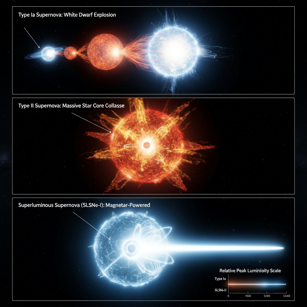 Infográfico comparativo que distingue as supernovas superluminosas (SLSNe-I) das supernovas Tipo Ia e Tipo II, enfatizando a escala de brilho e os mecanismos de explosão distintos de cada tipo.