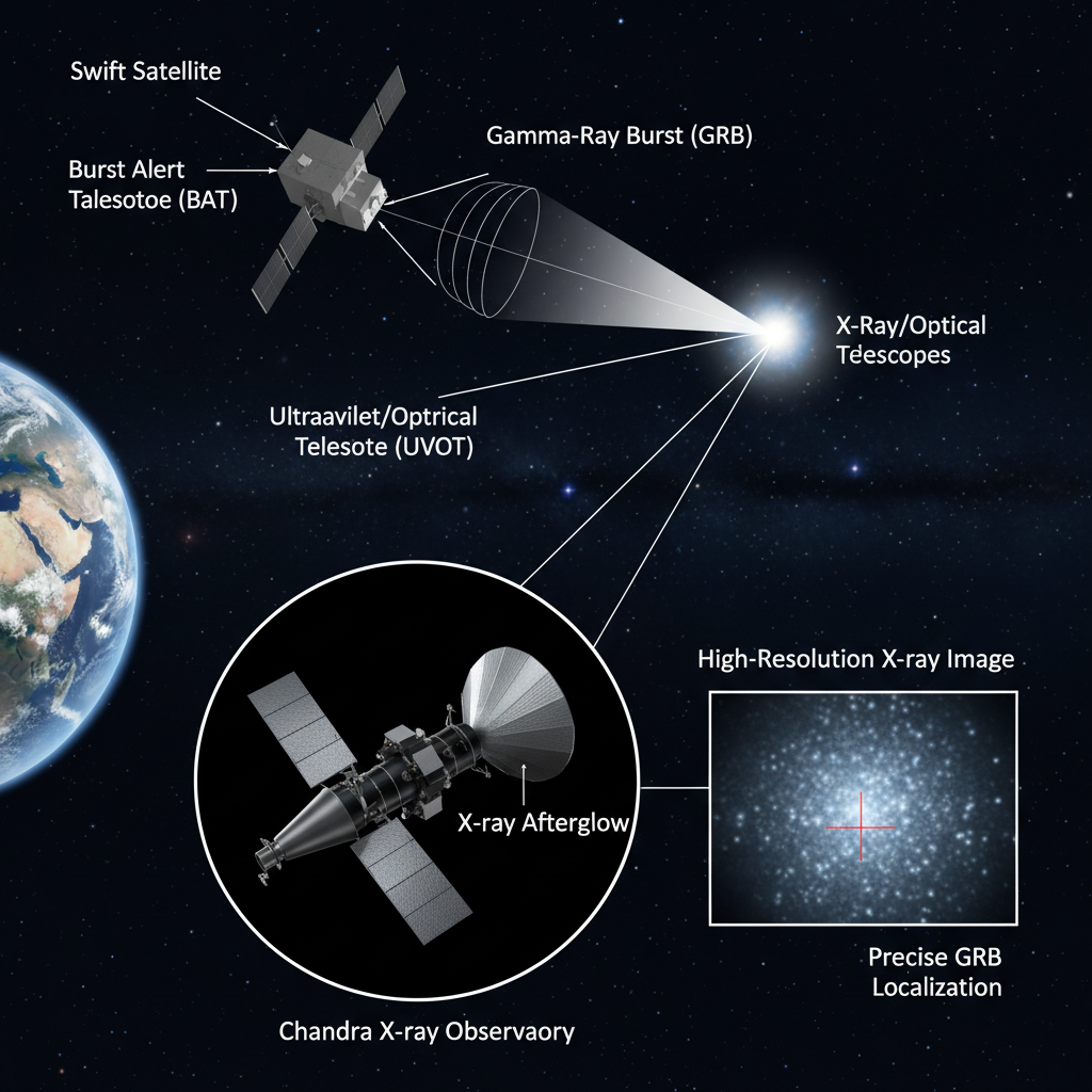 O infográfico detalha como os telescópios Swift e Chandra da NASA colaboram na detecção e localização de GRBs, com o Swift identificando o evento inicial e o Chandra fornecendo a precisão necessária para eventos mais desafiadores.