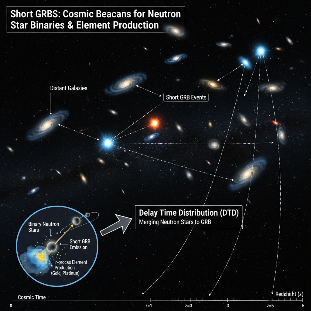 Este infográfico ilustra como GRBs curtos atuam como faróis cósmicos, permitindo aos astrônomos rastrear a evolução de sistemas binários de estrelas de nêutrons e compreender a produção de elementos pesados como ouro e platina ao longo do tempo cósmico.