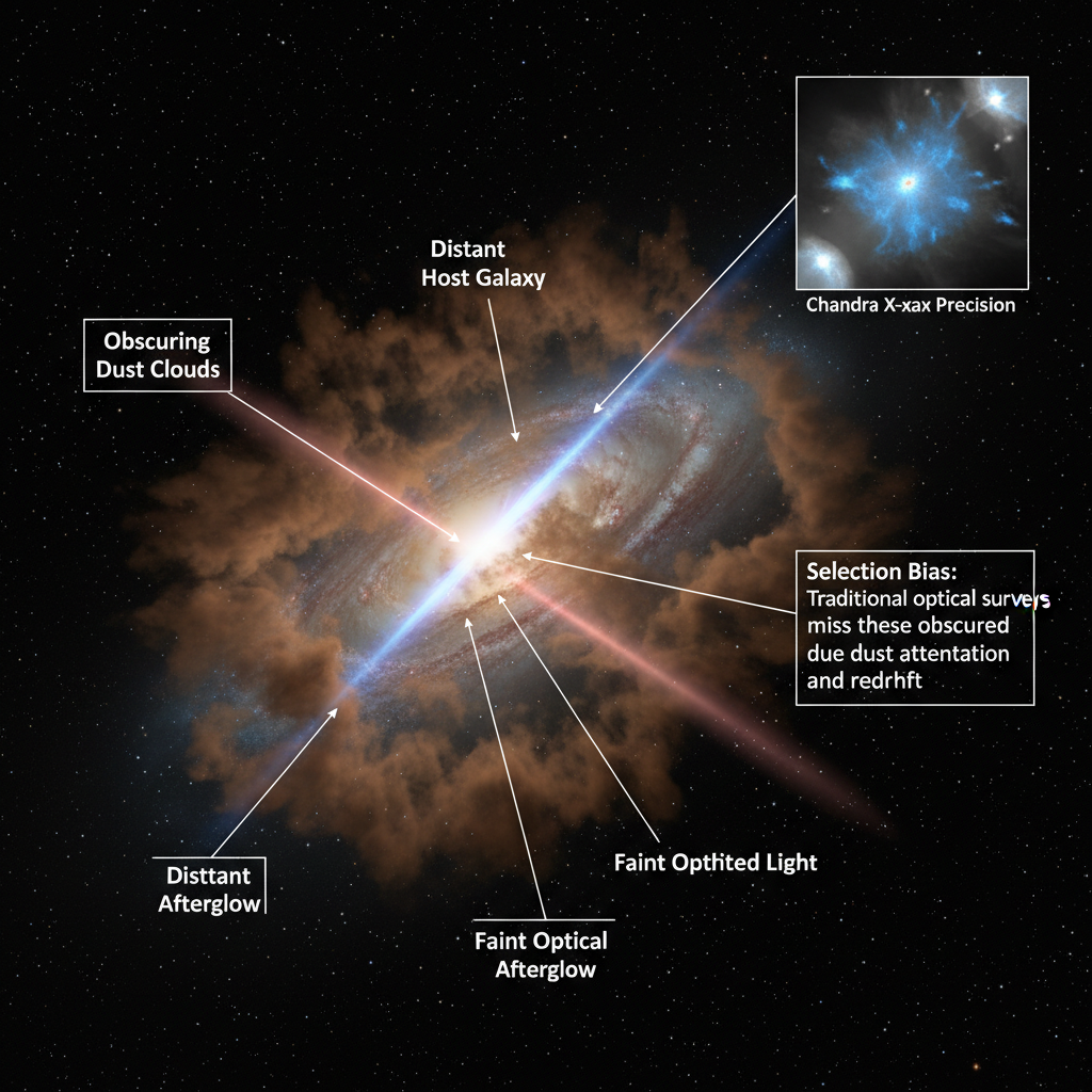 O infográfico demonstra os desafios na localização de GRBs, especialmente quando a galáxia hospedeira está obscurecida por poeira ou o evento é tão distante que seu brilho óptico é fraco ou deslocado para o infravermelho, destacando a importância da detecção por raios-X.