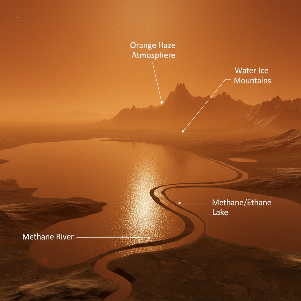 Infográfico científico detalhando a paisagem exótica de Titã, a maior lua de Saturno, com seus lagos e rios de metano e etano líquidos, montanhas de gelo d'água e uma atmosfera densa e alaranjada.