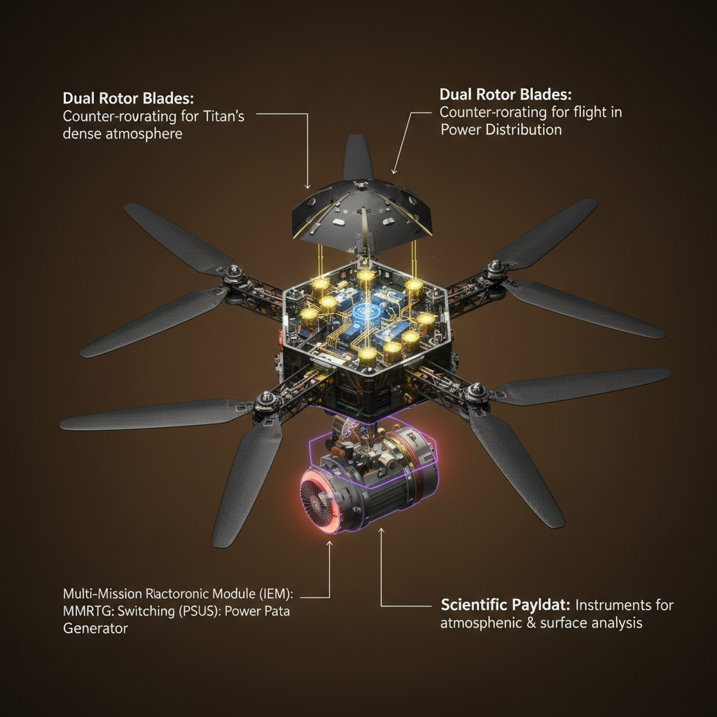 Diagrama detalhado da sonda Dragonfly, destacando seus componentes essenciais como o módulo eletrônico, rotores, gerador nuclear e carga científica, projetados para explorar a atmosfera de Titã.