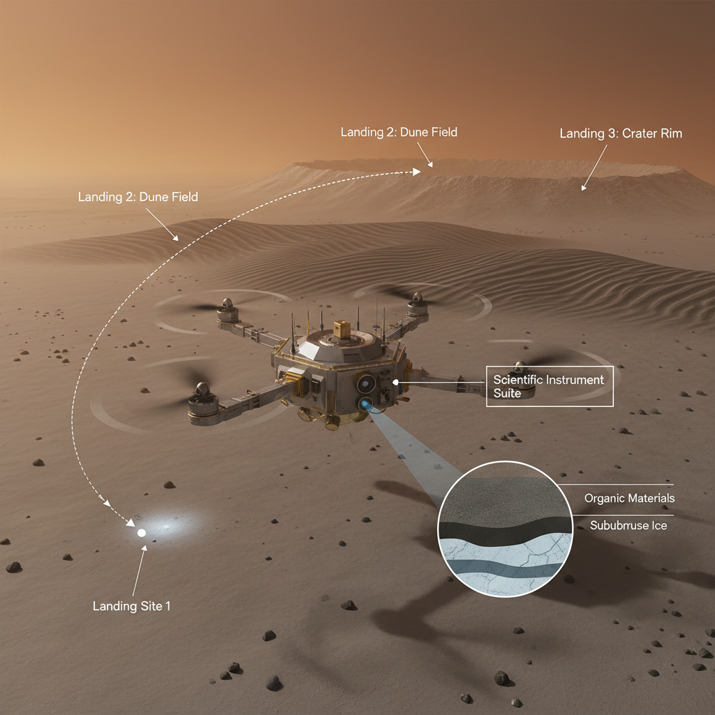 Visualização da Dragonfly em ação, explorando diversos locais na superfície de Titã, como campos de dunas e bordas de crateras, e utilizando seus instrumentos científicos para analisar a composição do solo e subsolo em busca de pistas sobre a química pré-biótica.