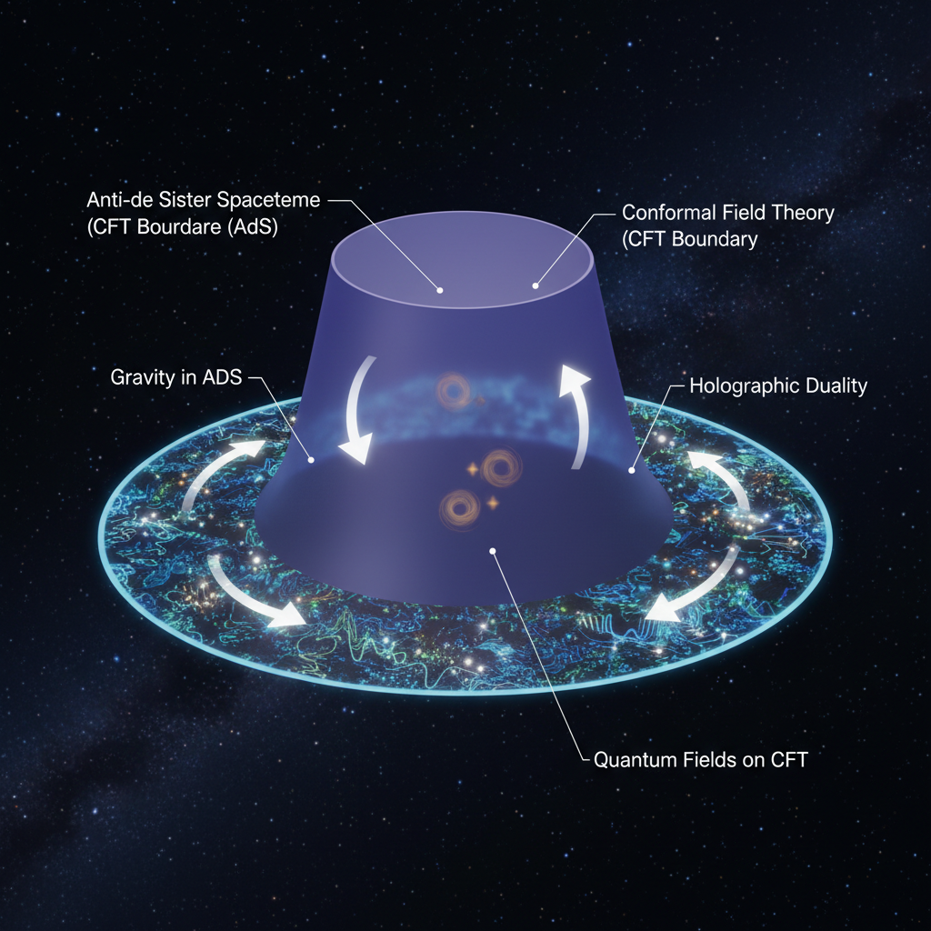 A correspondência AdS/CFT sugere que uma teoria da gravidade em um espaço-tempo curvo pode ser matematicamente equivalente a uma teoria quântica de campos sem gravidade em sua fronteira, como um holograma cósmico.