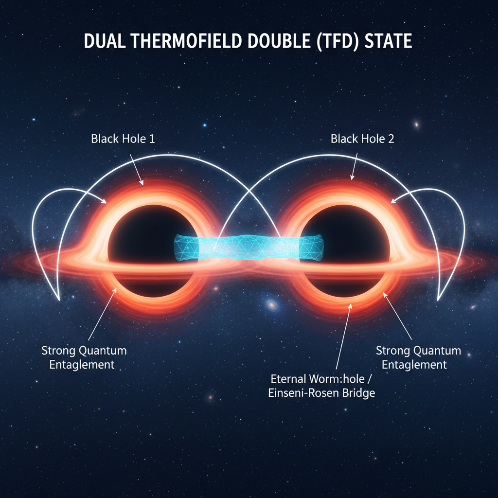 O estado de Termocampo Duplo (TFD) descreve dois buracos negros emaranhados, que, sob a conjectura ER=EPR, correspondem a um buraco de minhoca conectando seus interiores de forma estável.