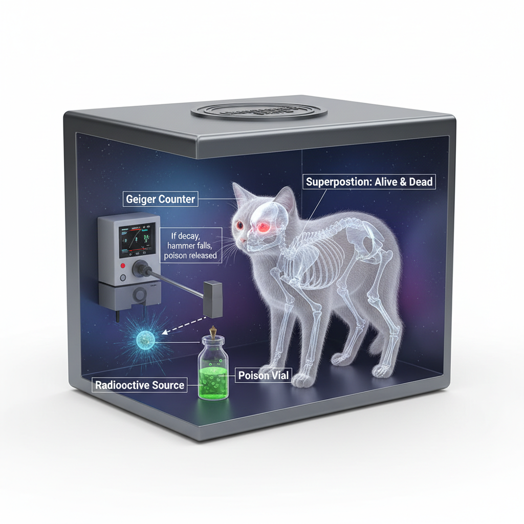 Visualização do famoso experimento mental do Gato de Schrödinger, destacando a natureza paradoxal da superposição quântica onde um sistema permanece em múltiplos estados até ser observado.