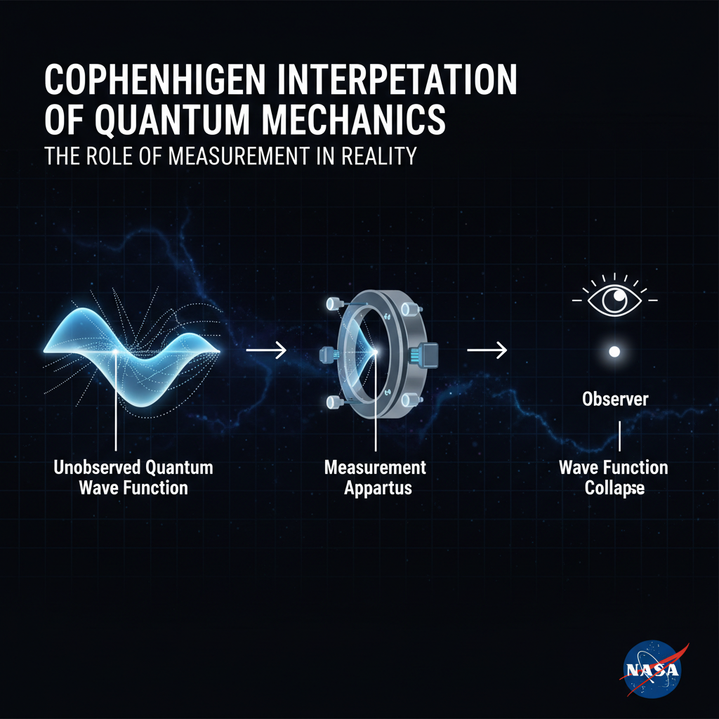 Este infográfico detalha a Interpretação de Copenhague, a visão dominante da mecânica quântica, onde a medição por um observador causa o colapso da função de onda de uma partícula para um estado definido.