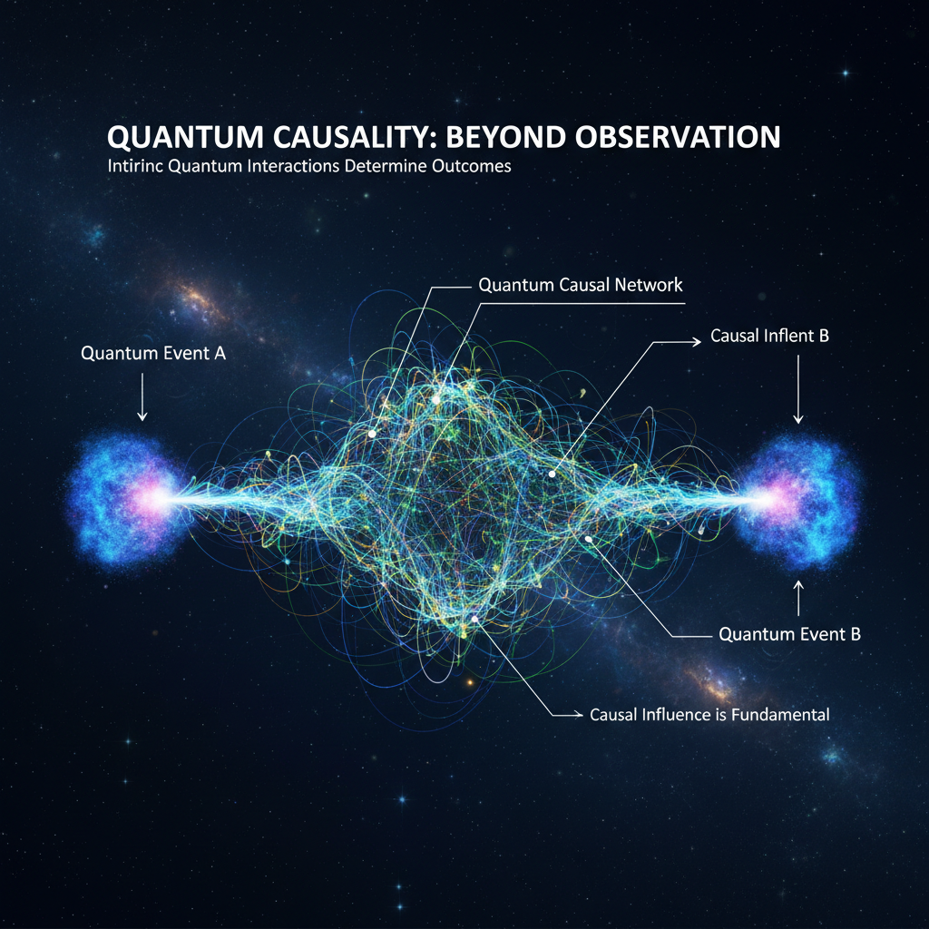 Explorando a causalidade quântica, este infográfico ilustra como eventos quânticos podem influenciar uns aos outros através de uma rede causal intrínseca, redefinindo causa e efeito no reino subatômico, independentemente de um observador.