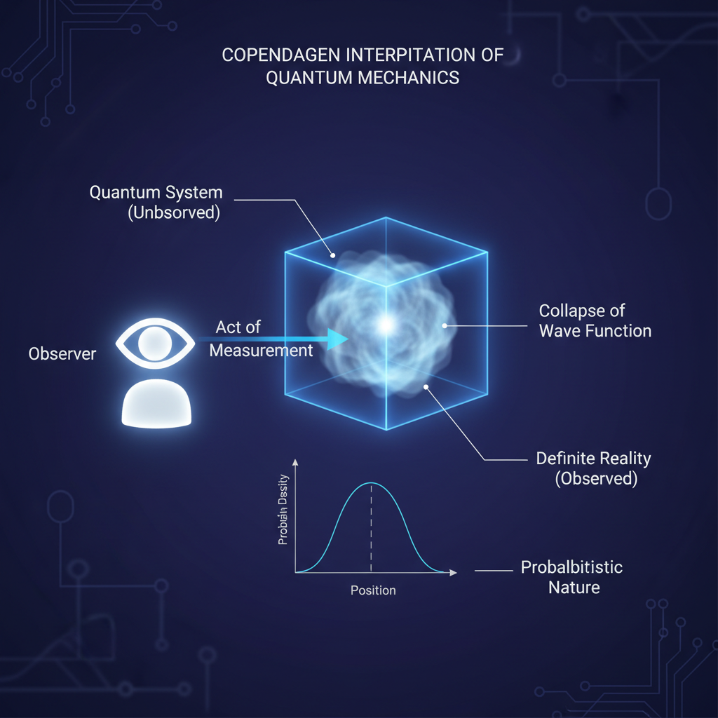 A Interpretação de Copenhague postula que a função de onda de um sistema quântico é fundamentalmente probabilística e que o ato de medição força o sistema a um estado definido, influenciando a realidade observada.