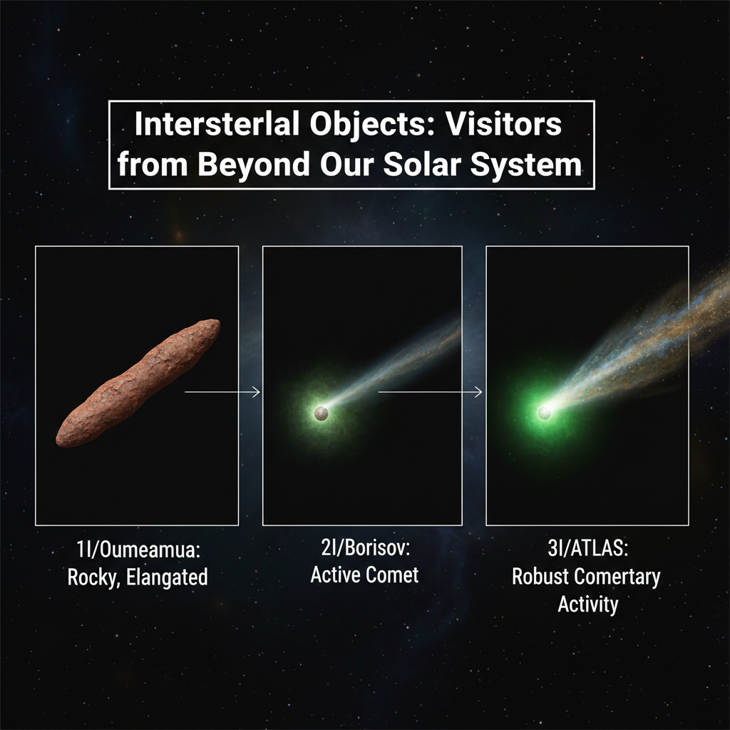 Comparativo visual dos três objetos interestelares já detectados: 'Oumuamua, Borisov e ATLAS. Cada um revela características únicas, desde a natureza rochosa e alongada de 'Oumuamua até a atividade cometária robusta de Borisov e ATLAS.