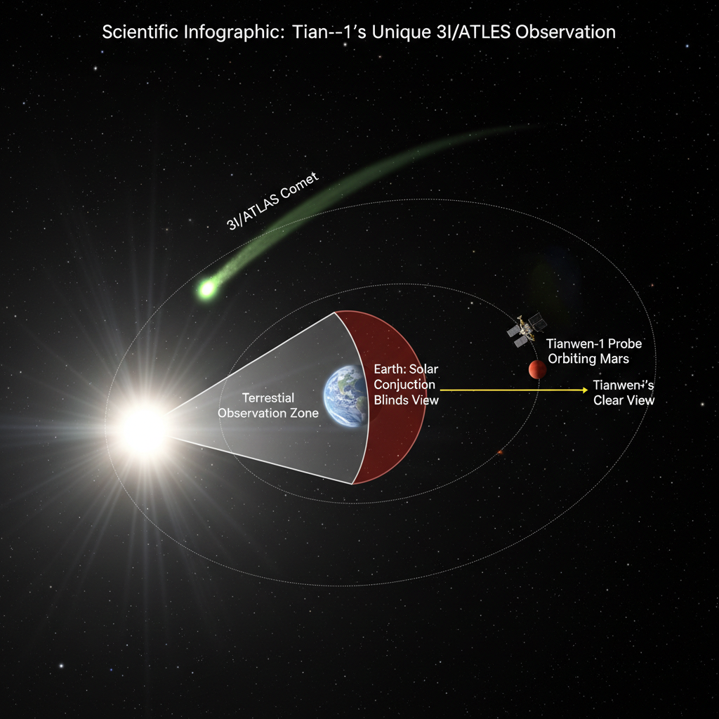 Este infográfico detalha como a posição orbital da sonda Tianwen-1 em Marte ofereceu uma visão desobstruída do cometa 3I/ATLAS, contornando o problema da conjunção solar que impediria observações terrestres.