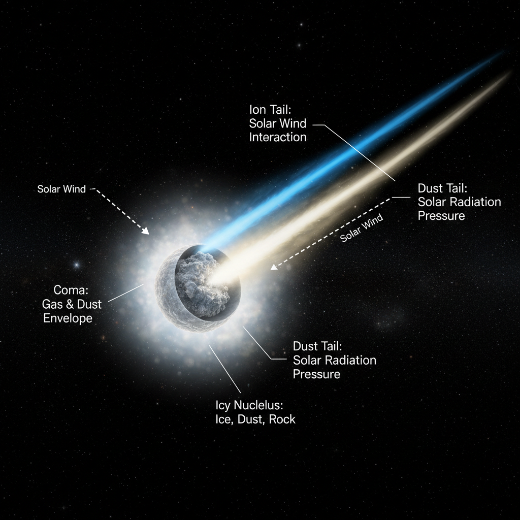Este infográfico ilustra a estrutura interna e a atividade de um cometa interestelar ativo, como o 3I/ATLAS, revelando seu núcleo gelado, a coma de gás e poeira, e as distintas caudas de íons e poeira formadas pela interação com o Sol.