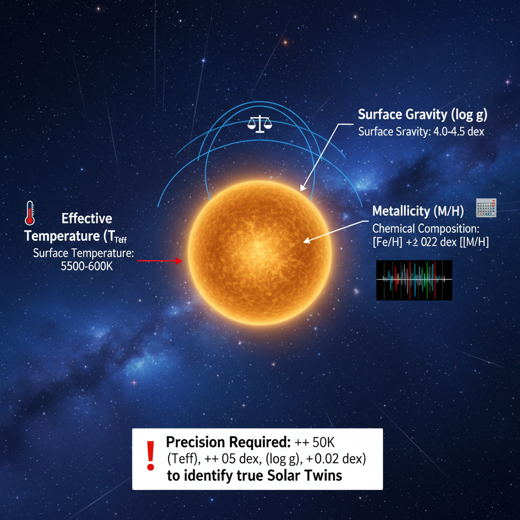 Este infográfico detalha os três parâmetros estelares cruciais – temperatura efetiva, gravidade superficial e metalicidade – que os astrônomos usam para identificar e classificar gêmeos solares com precisão.