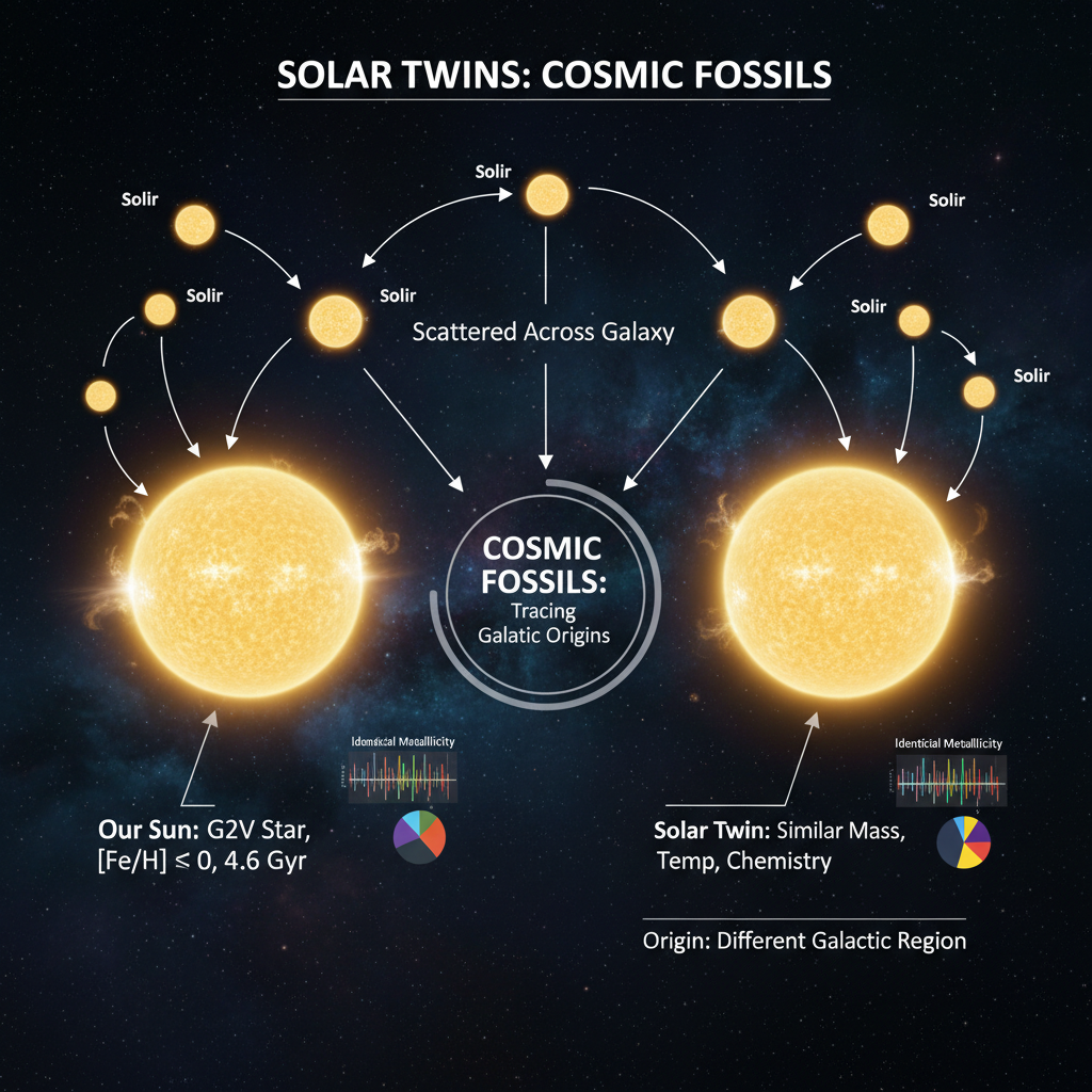 O infográfico compara o Sol com uma 'Gêmea Solar', estrelas com características quase idênticas que servem como 'fósseis cósmicos' para rastrear as origens e a migração de estrelas na galáxia.