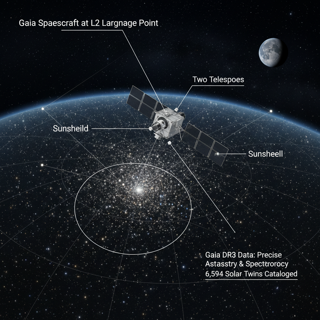 A missão Gaia da ESA, posicionada no ponto L2, mapeia bilhões de estrelas com precisão sem precedentes, permitindo a identificação e análise de milhares de 'gêmeas solares' para estudos de migração galáctica.