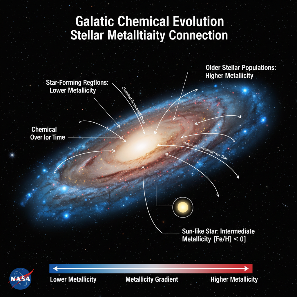 Este infográfico demonstra como a metalicidade das estrelas, a abundância de elementos pesados, varia na Via Láctea, refletindo a evolução química da galáxia e fornecendo pistas sobre as origens estelares.
