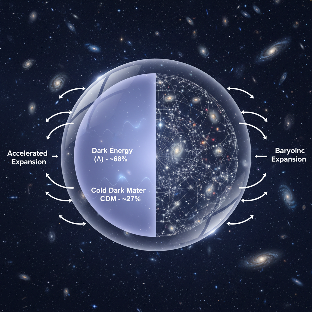 Este infográfico detalha o Modelo Cosmológico Padrão (ΛCDM), mostrando a composição do universo dominada por energia escura e matéria escura fria, que impulsionam sua expansão acelerada.