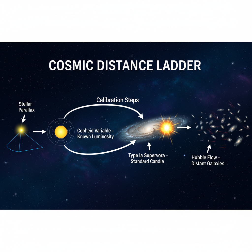 A 'Escada de Distâncias Cósmicas' é um método fundamental para medir distâncias no universo local, usando objetos de brilho conhecido como Cefeidas e Supernovas Tipo Ia para calibrar distâncias cada vez maiores.