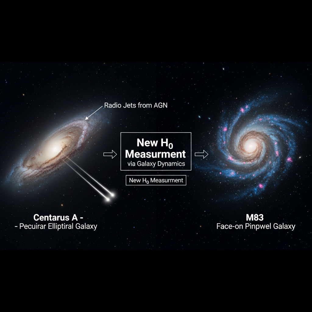 Este infográfico apresenta as galáxias Centaurus A e M83, focos de um novo estudo que utiliza a dinâmica de grupos galácticos para fornecer uma medição independente da Constante de Hubble, buscando resolver a tensão cosmológica.