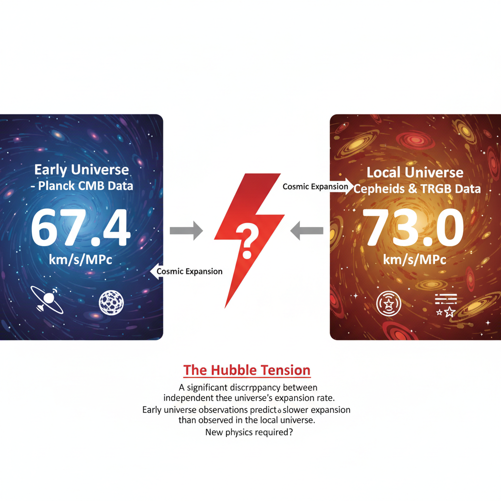 O infográfico demonstra a 'Tensão de Hubble', uma discrepância crítica entre as medições da taxa de expansão do universo, obtidas do universo primordial (Planck) e do universo local (Cefeidas e TRGB).