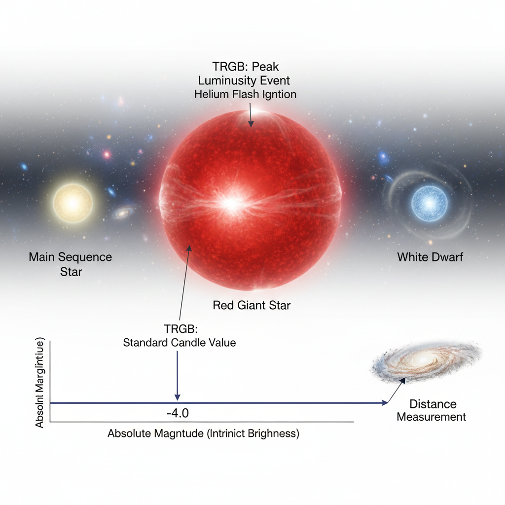 Este diagrama explica como as estrelas da Ponta do Ramo Gigante Vermelho (TRGB) servem como 'velas padrão' cósmicas, permitindo que os astrônomos meçam com precisão as distâncias de galáxias distantes.