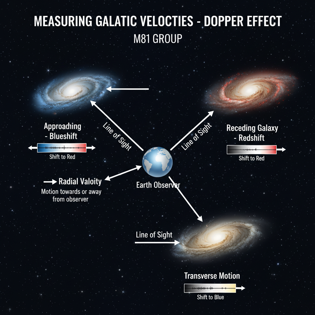 O infográfico demonstra como os astrônomos medem as velocidades das galáxias no Grupo M81 usando o efeito Doppler, revelando se elas estão se aproximando (blueshift) ou se afastando (redshift) da Terra.