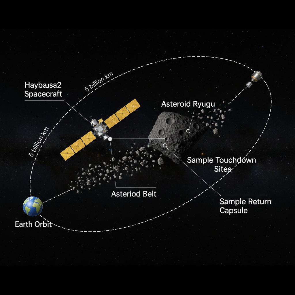 Este infográfico detalha a missão Hayabusa2 da JAXA, que viajou bilhões de quilômetros para coletar amostras do asteroide Ryugu, um fóssil cósmico primordial.