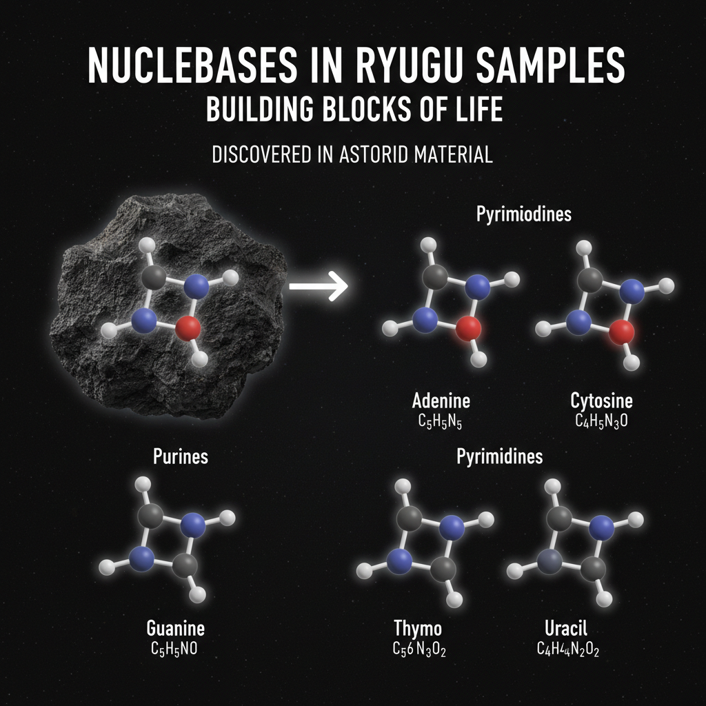 Infográfico ilustrando as cinco nucleobases canônicas – adenina, guanina, citosina, timina e uracila – encontradas nas amostras do asteroide Ryugu, essenciais para o DNA e RNA.