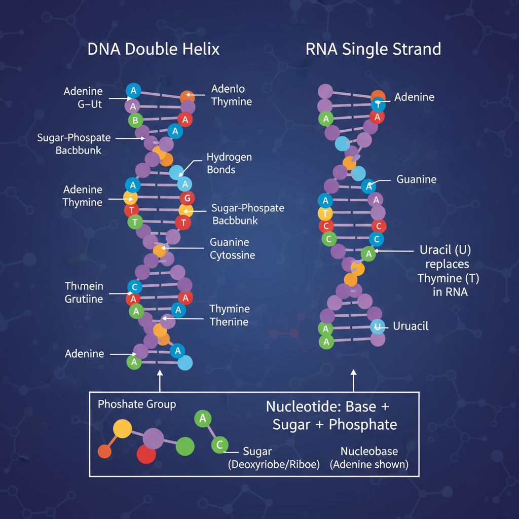 Este infográfico compara as estruturas do DNA e RNA, demonstrando como as nucleobases descobertas em Ryugu formam o código genético essencial para toda a vida terrestre.