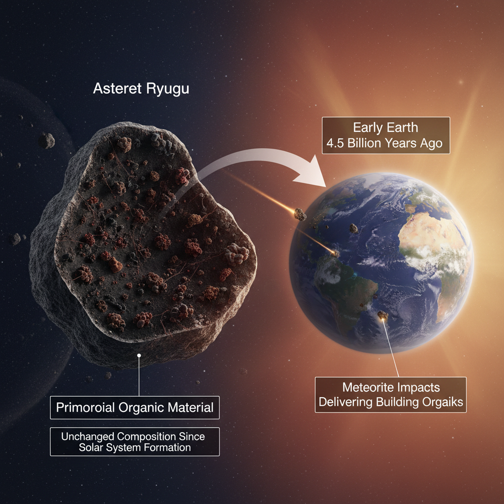 Visualização de Ryugu como uma 'cápsula do tempo' cósmica, transportando material orgânico primordial que pode ter semeado a vida na Terra primitiva através de impactos de meteoritos.