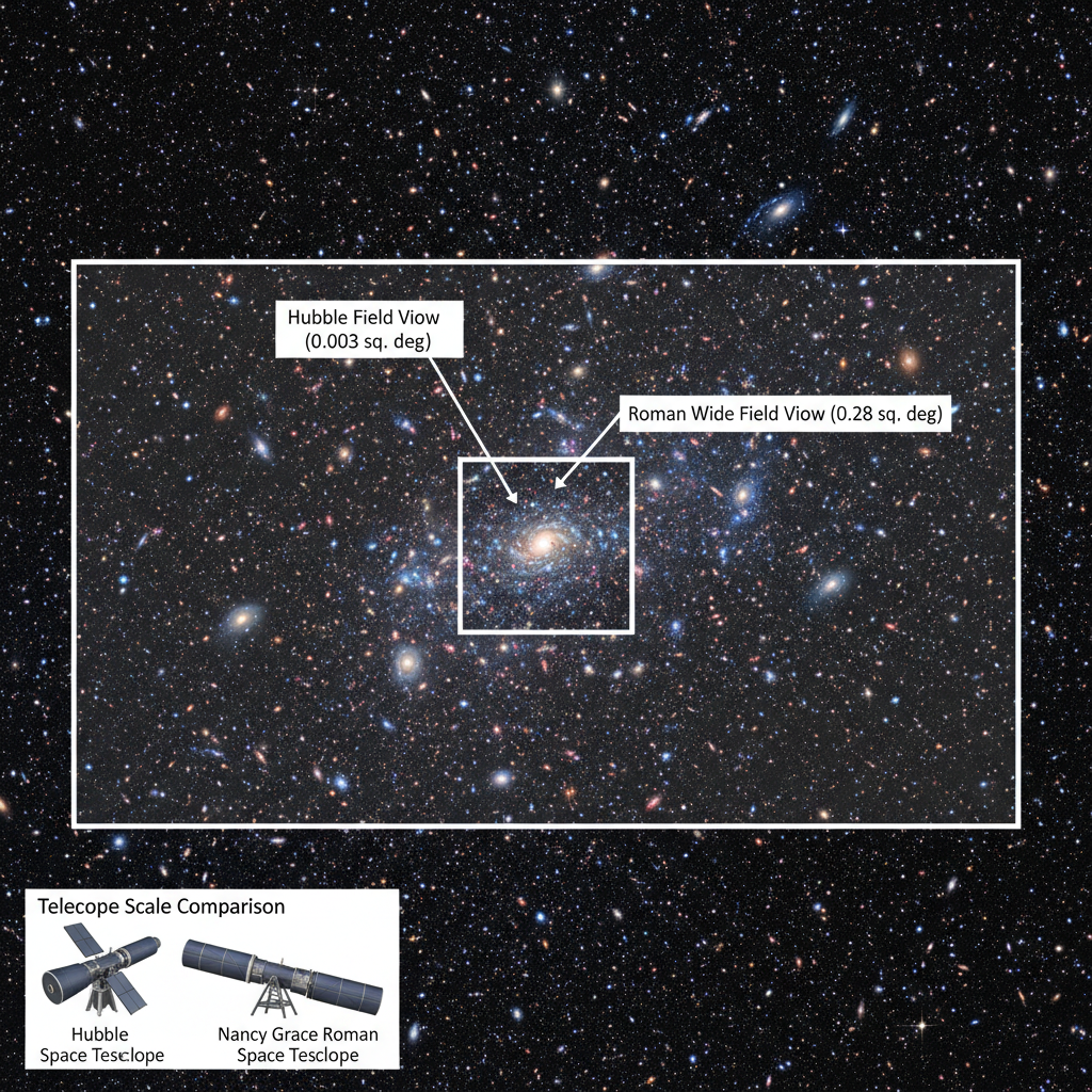 O Telescópio Espacial Roman possui um campo de visão cem vezes maior que o do Hubble, permitindo mapear vastas regiões do céu e capturar centenas de galáxias em uma única imagem.