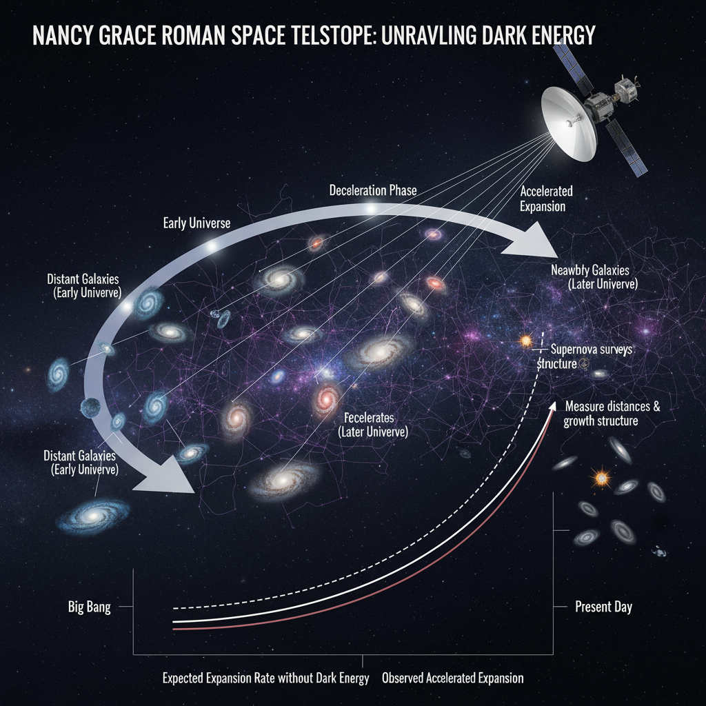 Roman mapeará a distribuição de galáxias em diferentes épocas cósmicas para traçar a história da expansão do universo, buscando desvendar a natureza da energia escura, que impulsiona a aceleração cósmica.