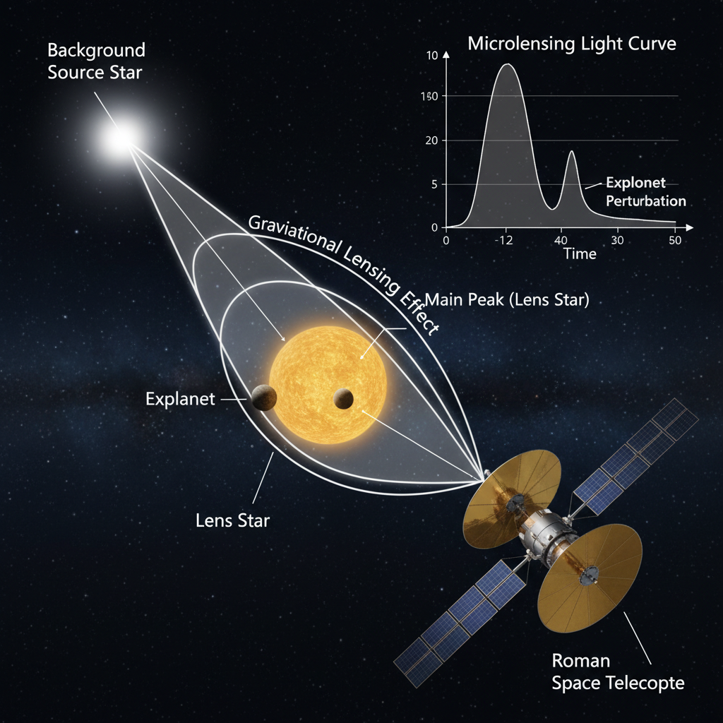 O Roman utilizará a técnica de microlente gravitacional para detectar exoplanetas, observando as magnificações temporárias no brilho de estrelas distantes causadas pela passagem de um planeta e sua estrela hospedeira.