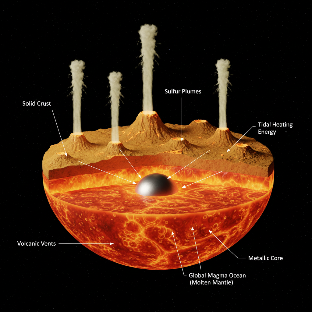 A estrutura interna de Io, com um oceano global de magma e vulcões ativos, é ilustrada para explicar a fonte de sua atividade geológica sem precedentes.
