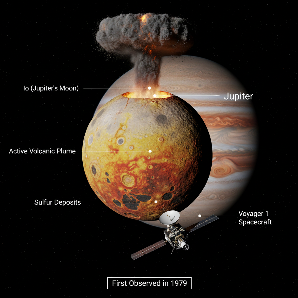 Este infográfico recria o momento da descoberta das plumas vulcânicas ativas de Io pela sonda Voyager 1 em 1979, revolucionando nossa compreensão da geologia planetária.
