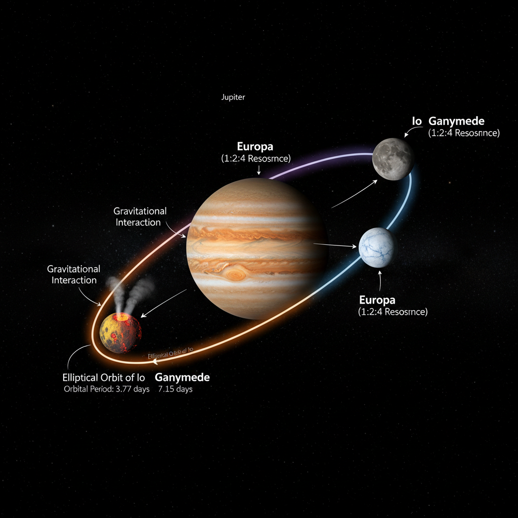 O infográfico demonstra a ressonância orbital de Io, Europa e Ganimedes, um fator crucial para as forças de maré extremas que aquecem o interior de Io.